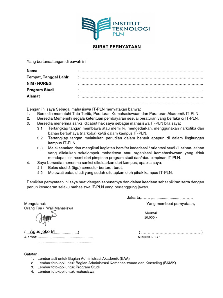 Surat Pernyataan Mahasiswa ITPLN | PDF