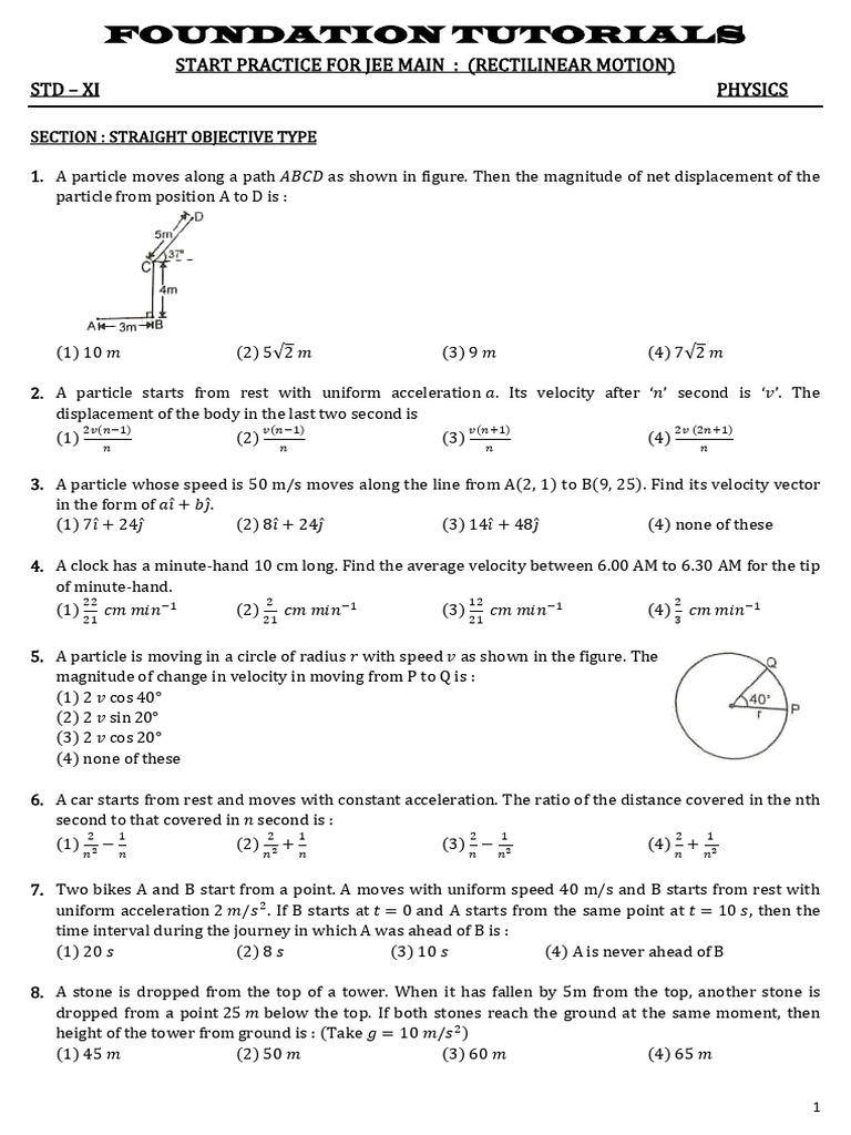 03 Jee Main Chapter (Rectilinear Motion) PDF Velocity Acceleration