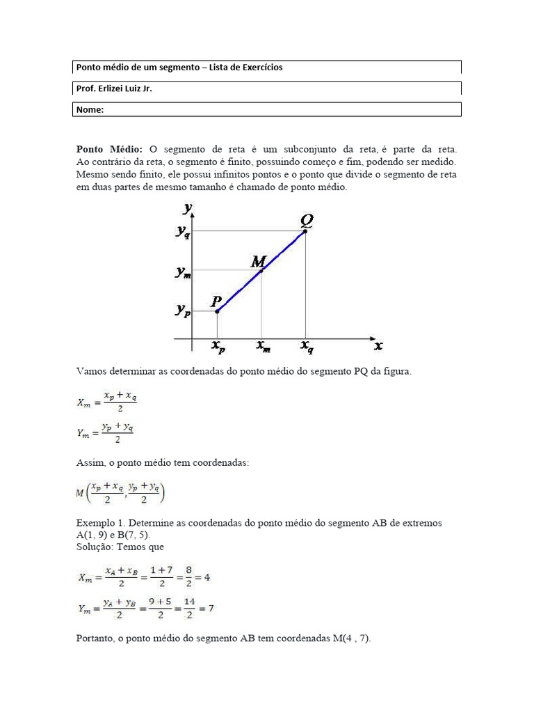 Exercícios sobre Ponto Médio no Plano Cartesiano | PDF