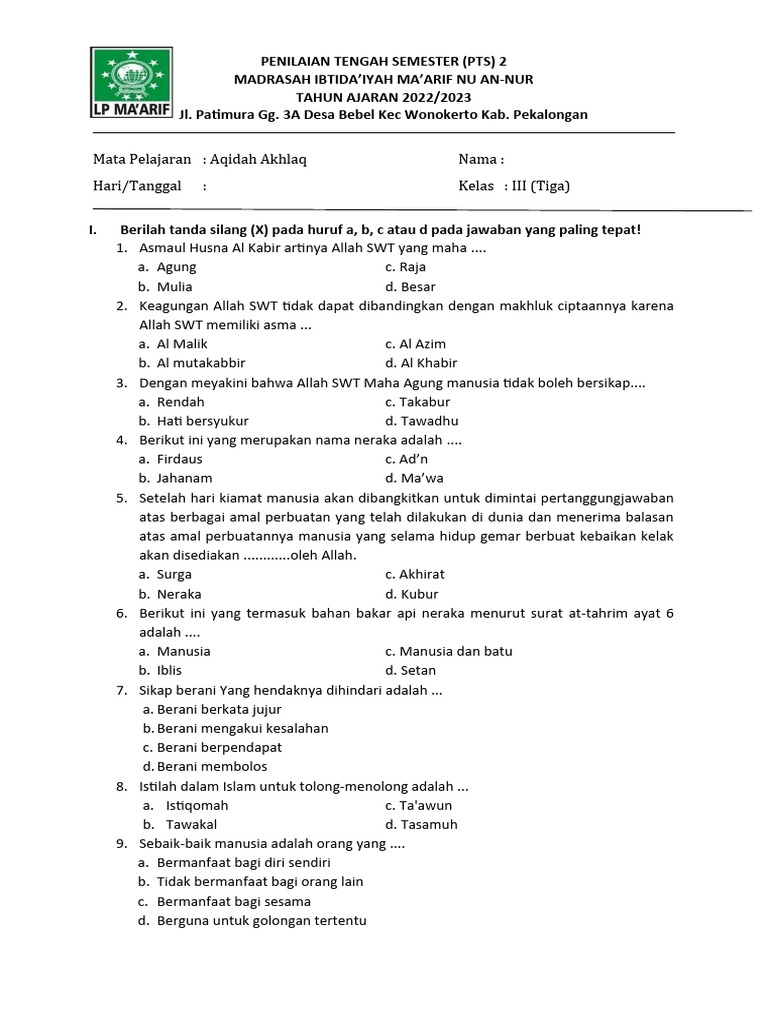 Latihan Soal UKK Aqidah Akhlak
