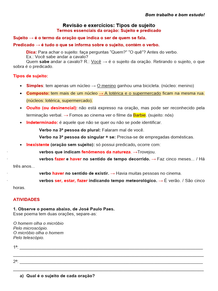 Revisão de Tipos de Sujeito na Língua Portuguesa | PDF | Assunto ...