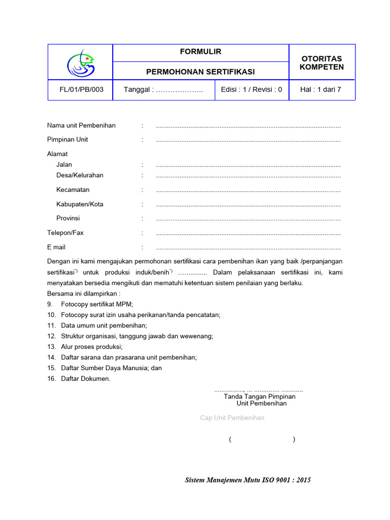 Form Permohonan Sertifikasi Cpib | PDF