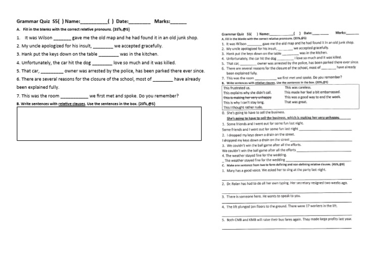 Relative Pronouns Grammar Quiz | PDF | Language Arts & Discipline