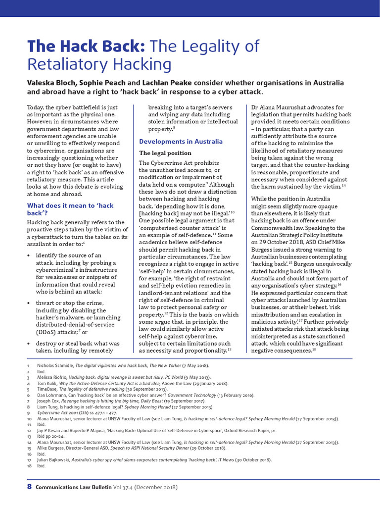 Legality of Hacking Back in Cybercrime | PDF | Cybercrime | Security