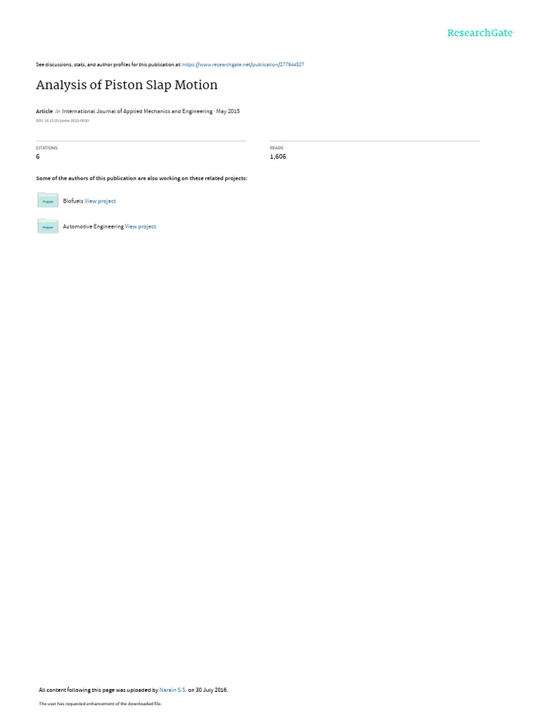 Analysis of Piston Slap Motion PDF Piston Engines