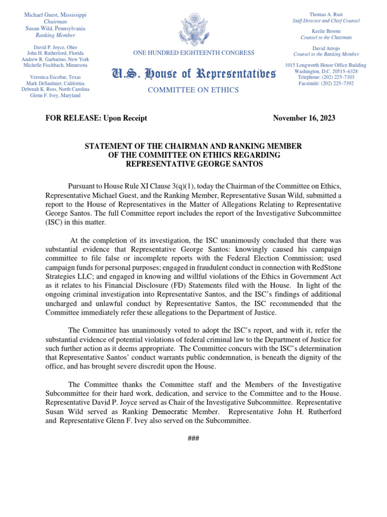 Santos Ethics Committee Findings | PDF | United States House Of ...