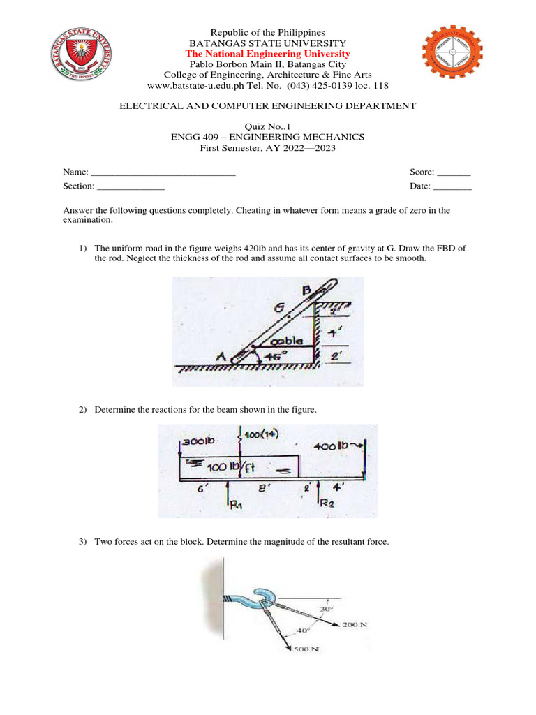 Engineering Mechanics Quiz 1 | PDF
