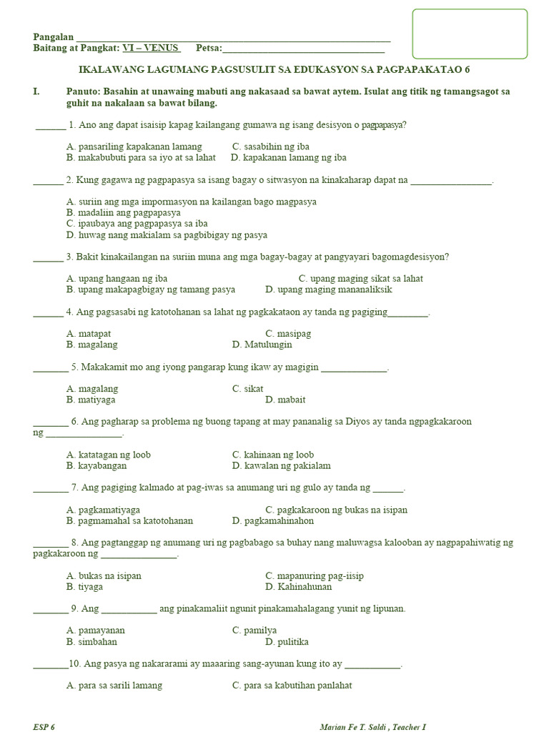Summative Test in ESP 6 Quarter 1 | PDF