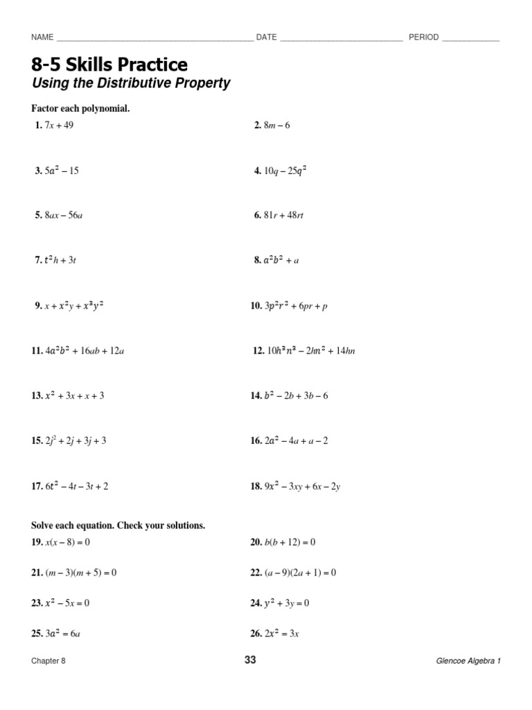 8-5 Skills Practice: Distributive Property | PDF