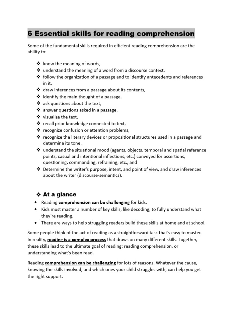 6 Essential Skills For Reading Comprehension XXX | PDF | Reading ...