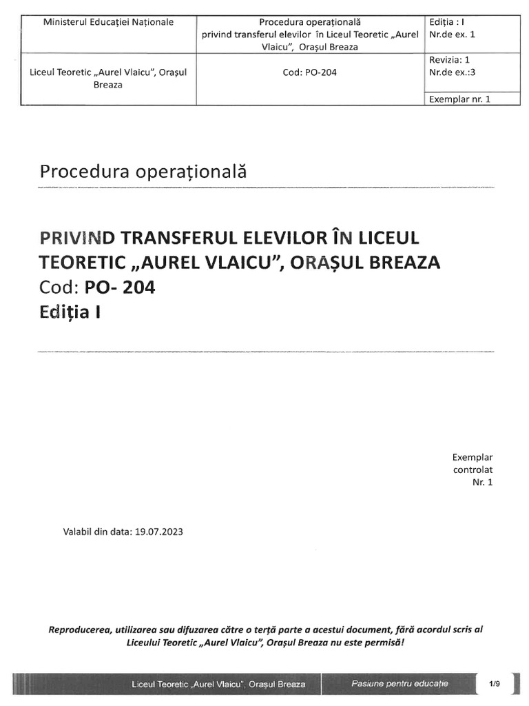 Procedura Transfer Elevi PDF