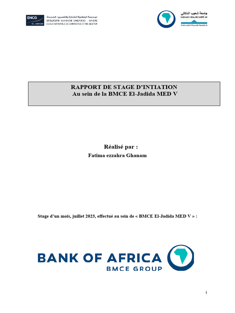 Rapport de stage à la BMCE El-Jadida | PDF | Finances personnelles ...