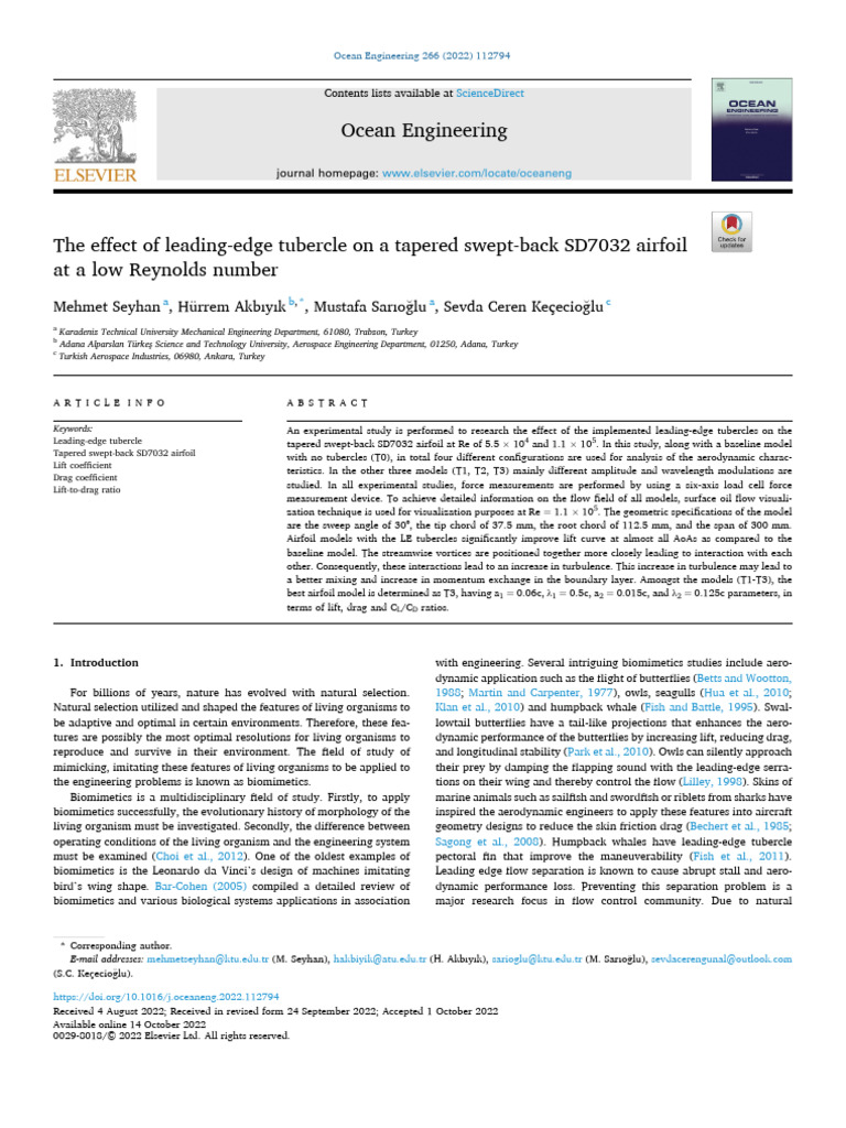 The Effect of LeadingEdge Tubercle On A Tapered SweptBack SD7032