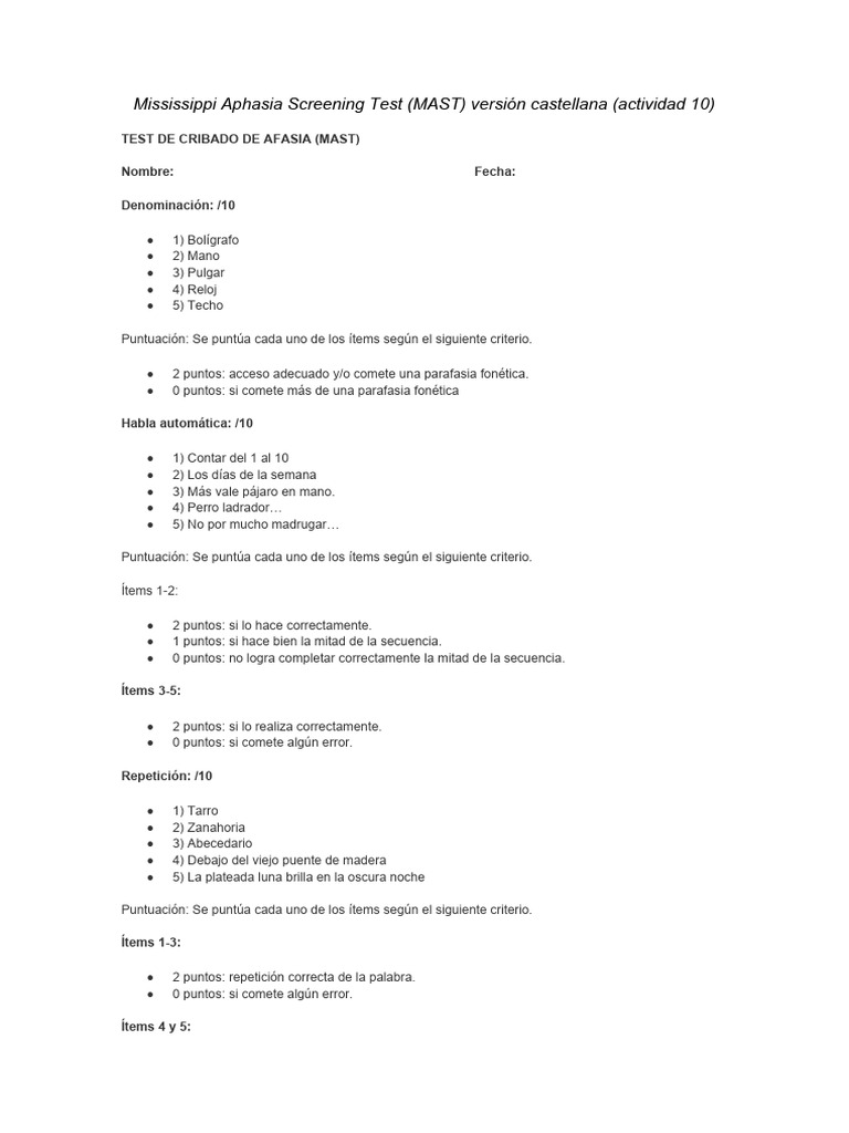 Test de Cribado de Afasia MAST en Español | PDF