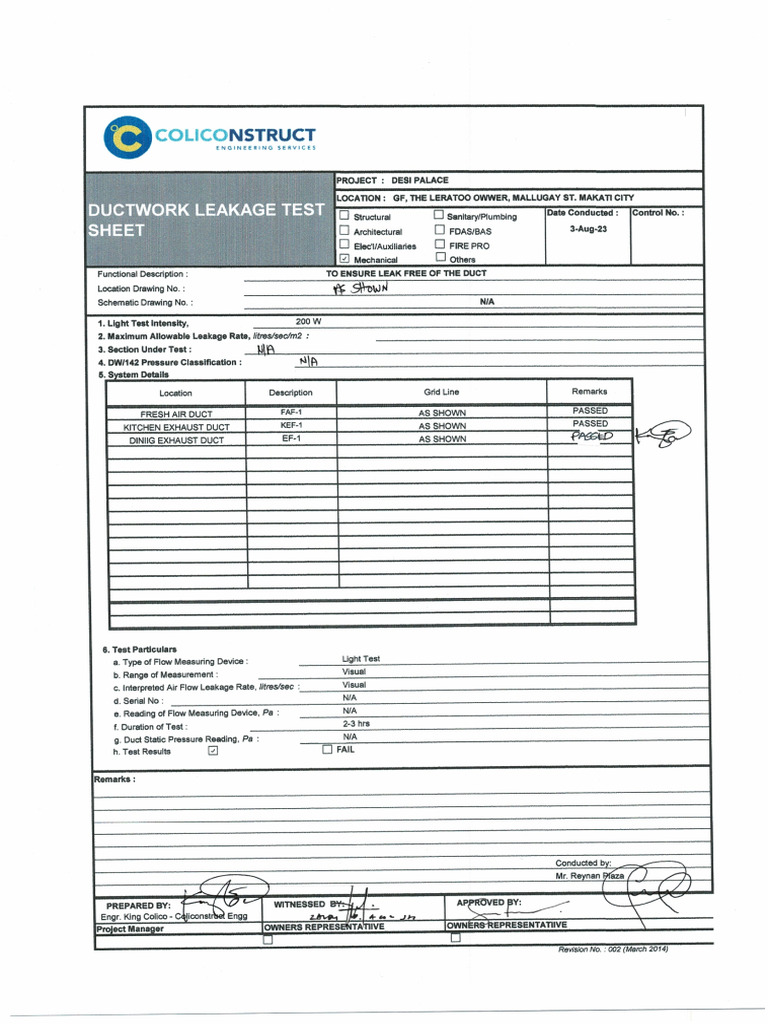 Ductwork Leakage Test Pressure Leak Test and Start Up Forms 1 PDF