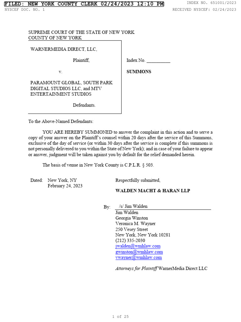 Warnermedia Direct LLC V Paramount Global Et Al Summons Complaint 1