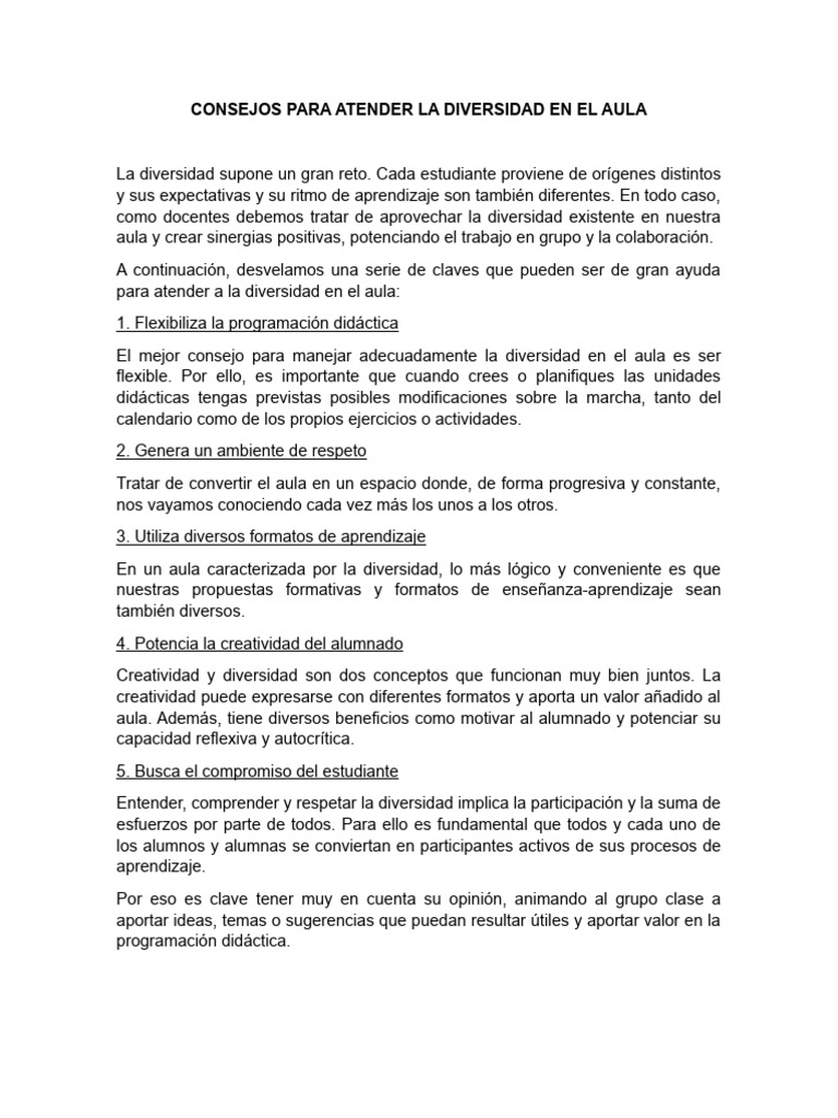 Claves para Atender la Diversidad en el Aula | PDF | Salón de clases ...