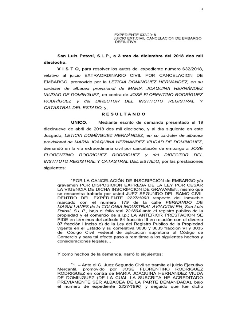 EXTRA. CIV. CANCELACION DE EMBARGO 632-2018 | PDF | Propiedad ...