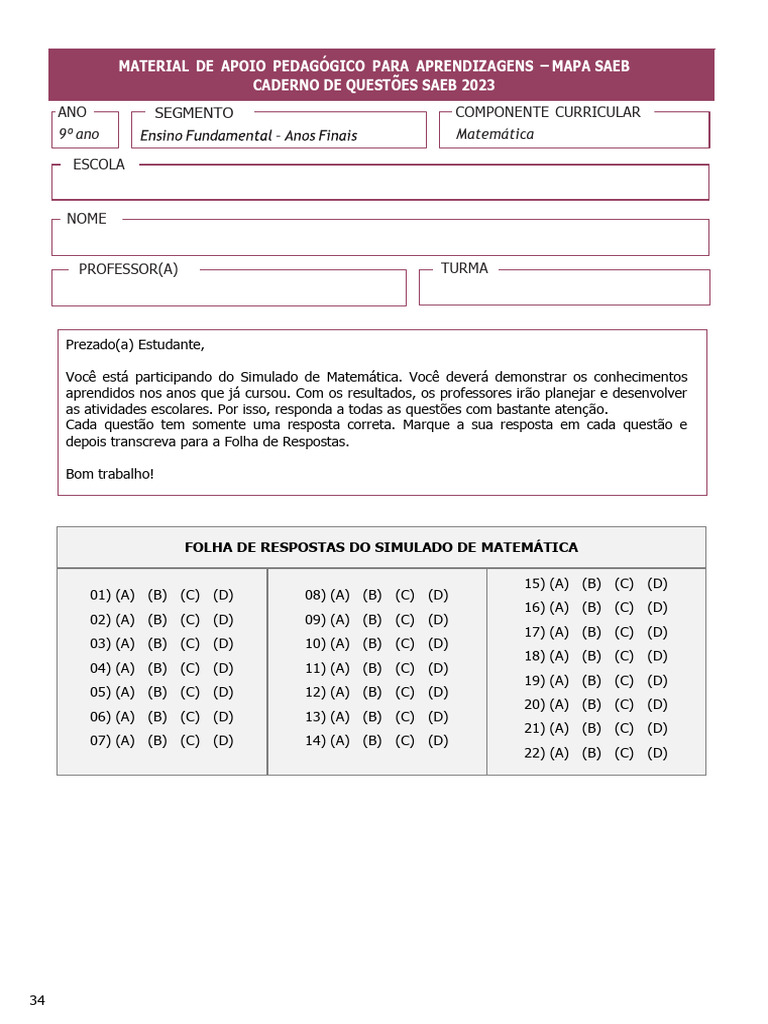 Simulado SAEB Matemática 9º Ano 2023 | PDF