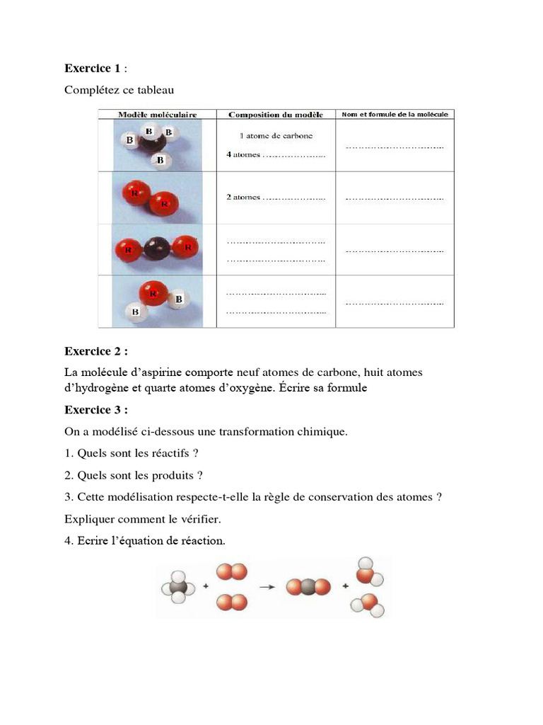 Exercices sur atomes et réactions chimiques | PDF | Méthodes et ...