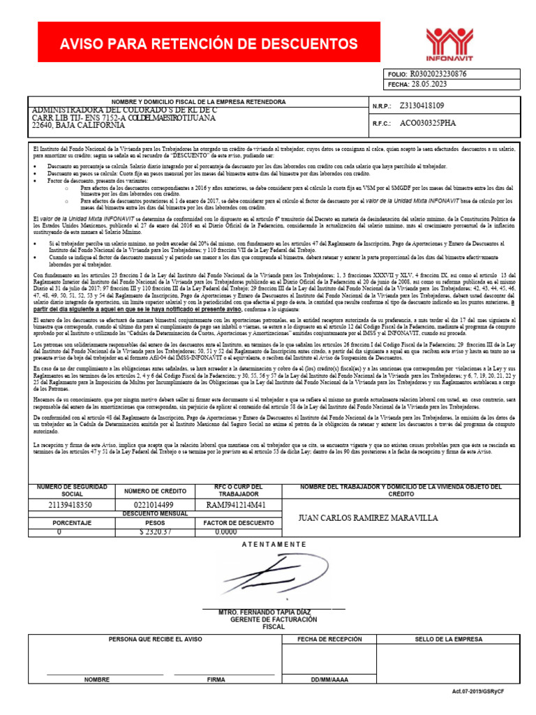Aviso de Retención de Descuentos INFONAVIT | PDF | Salario mínimo | Crédito