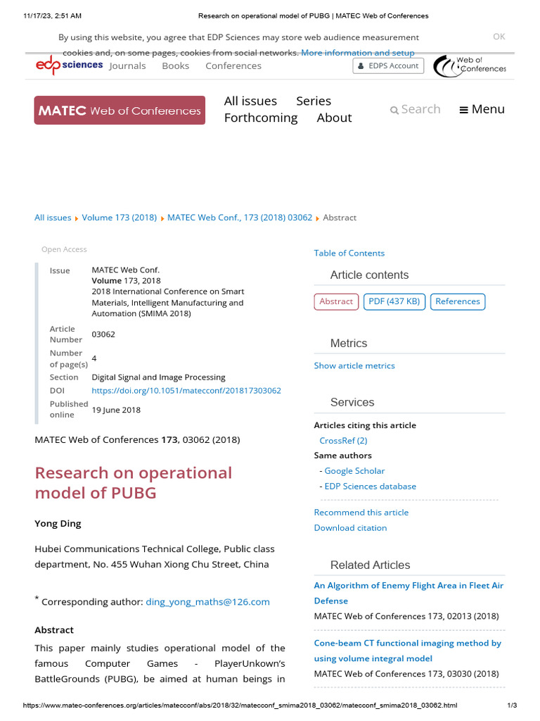 Research On Operational Model Of Pubg Matec Web Of Conferences Pdf