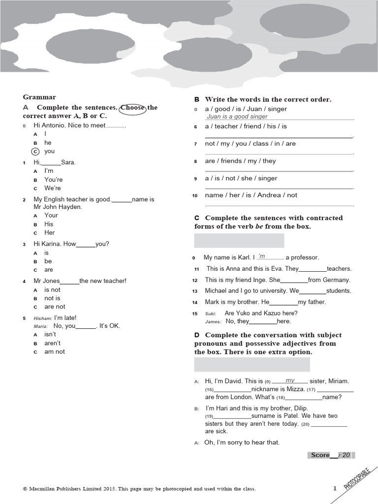 Open Mind Beginner Unit 1 Grammar and Vocabulary Test A - Editable ...