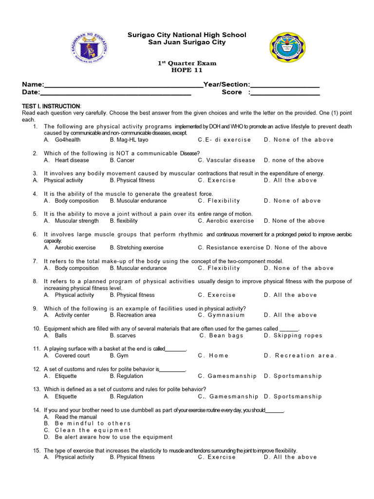 HOPE 11 1st Quarter Exam Guide | PDF | Physical Fitness | Weight Training