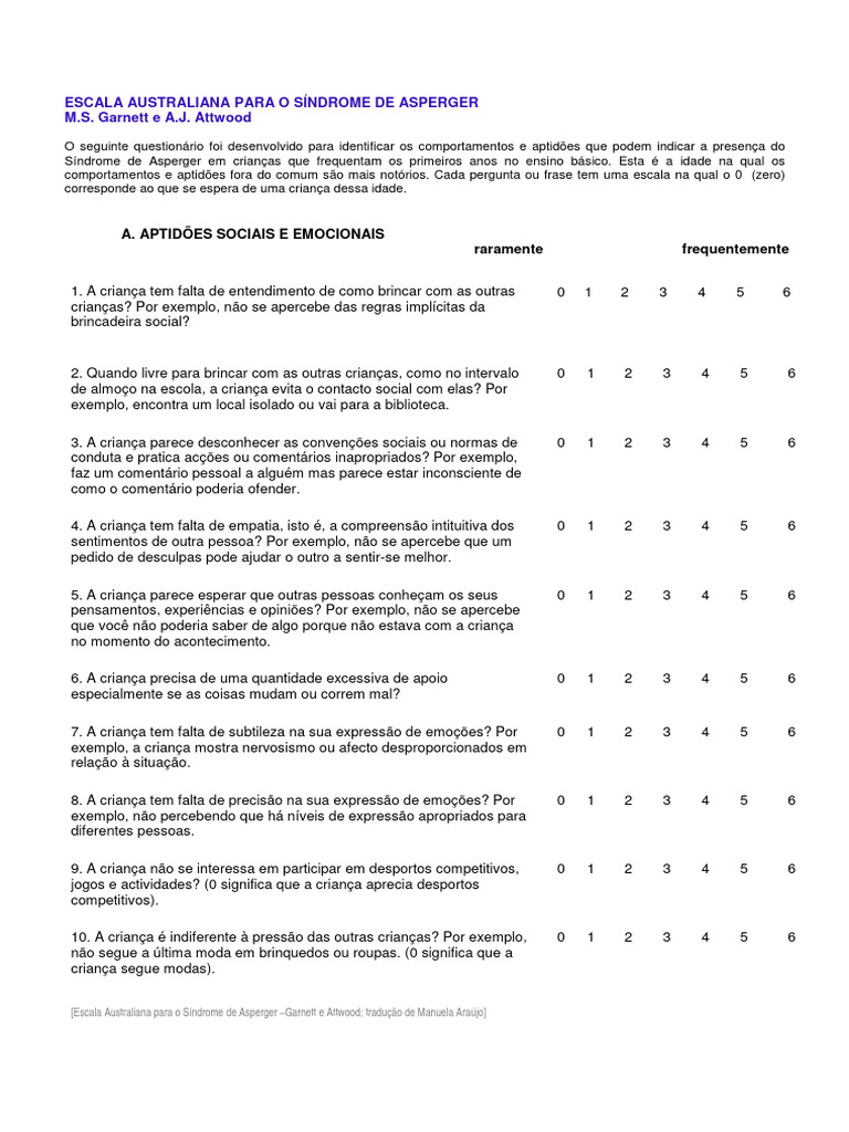 Escala Australiana para o Sindrome de Asperger | PDF | Síndrome de ...