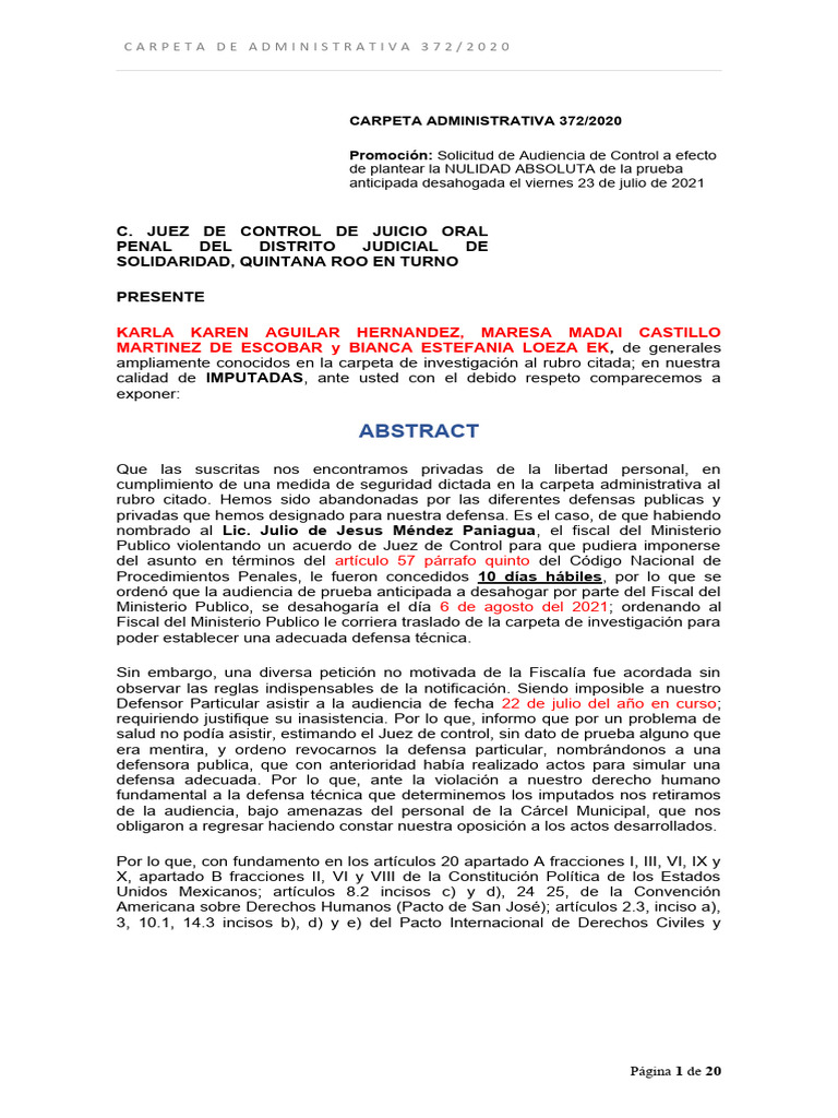 NULIDAD de Prueba Anticipada Karen | PDF | Fiscal | Violación