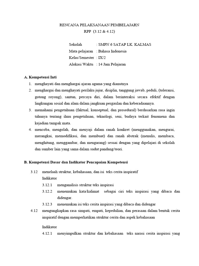 RPP KD. 3.12 Kelas 9 | PDF | Karier & Perkembangan | Seni & Disiplin Bahasa