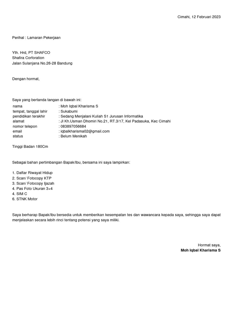Surat - Lamaran - Kerja - PT SHAFCO | PDF