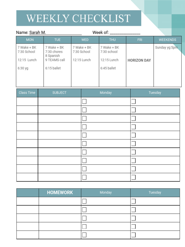 Weekly checklist high school pdf
