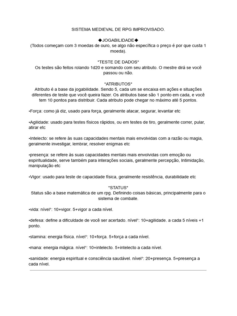SISTEMA_SIMPLES_DE_RPG_MEDIEVAL (1) | PDF | Jogos de RPG | Humano