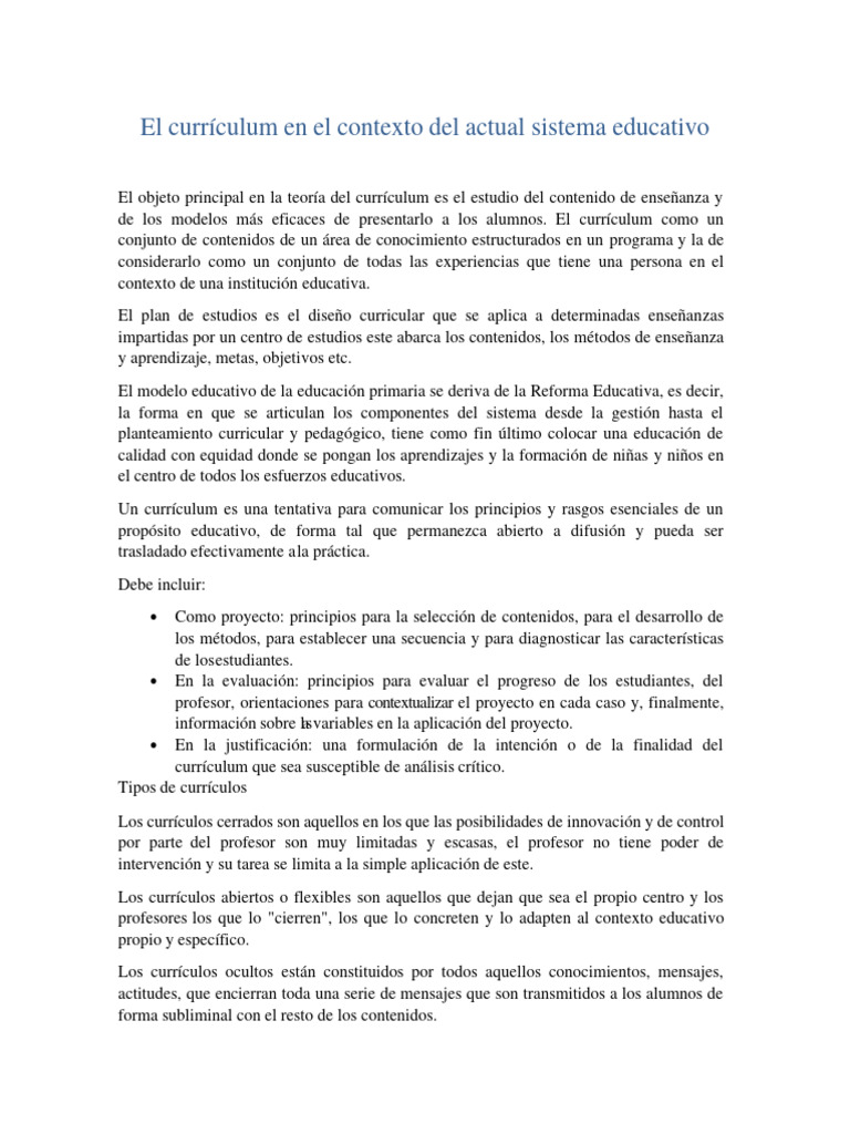 El currículum en la educación actual | PDF | Plan de estudios | Aprendizaje