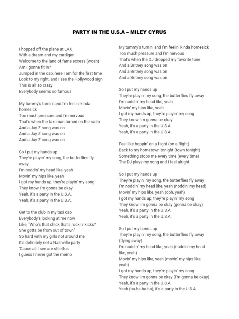 Party In The Usa Song Pdf Recorded Music Pop Music