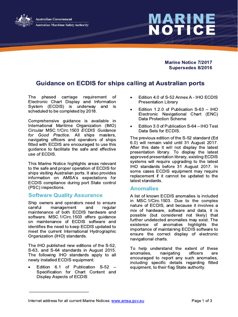 AMSA Marine Notice 7-2017 - Guidance On ECDIS For Ships Calling at ...