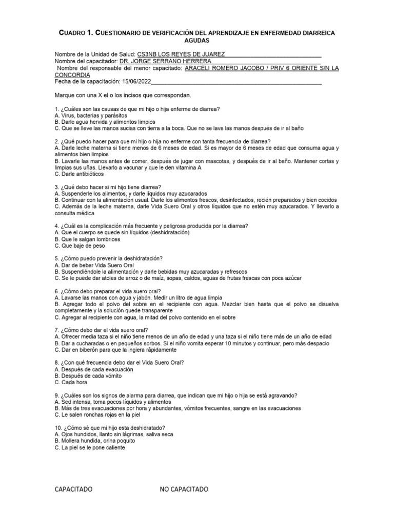 Cuestionario sobre Enfermedades Diarreicas | PDF | Diarrea | Deshidración