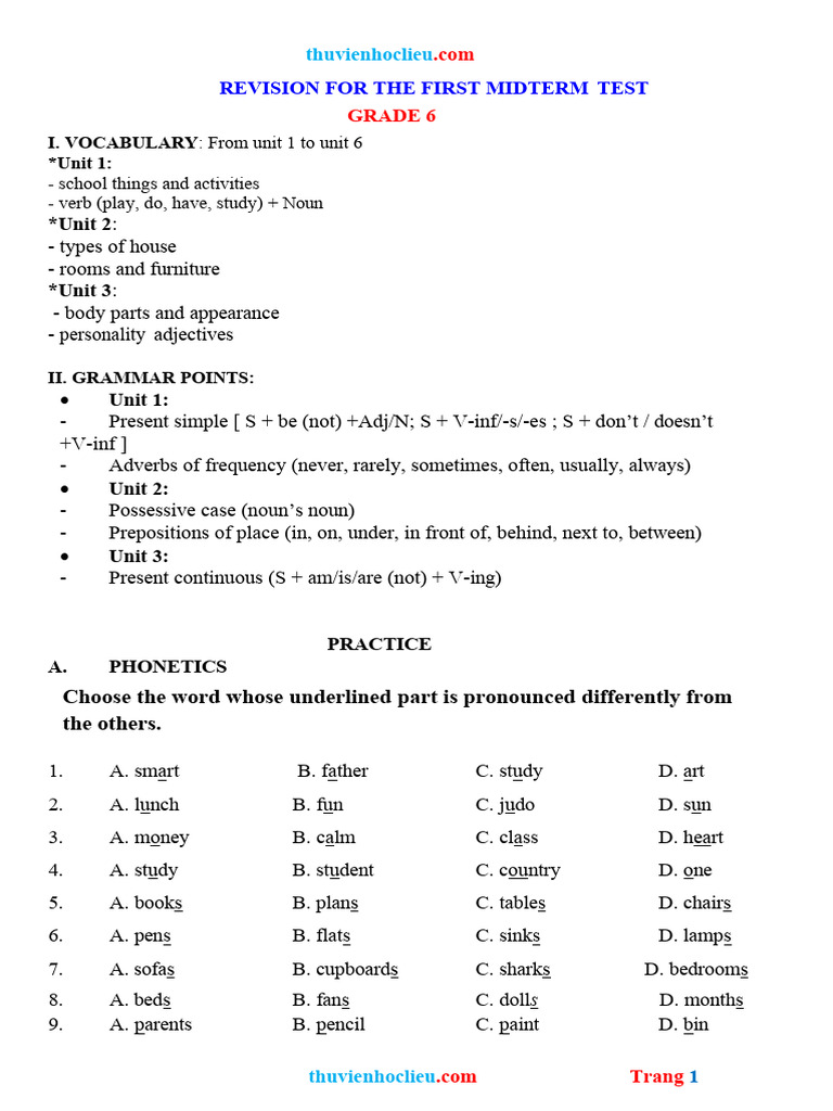 Grade 6 Midterm Test Revision Guide | PDF | Noun | Adverb