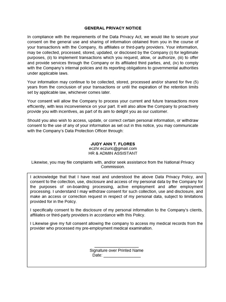 Data Privacy Notice - Data Subject Consent Form | PDF | Privacy | Consent