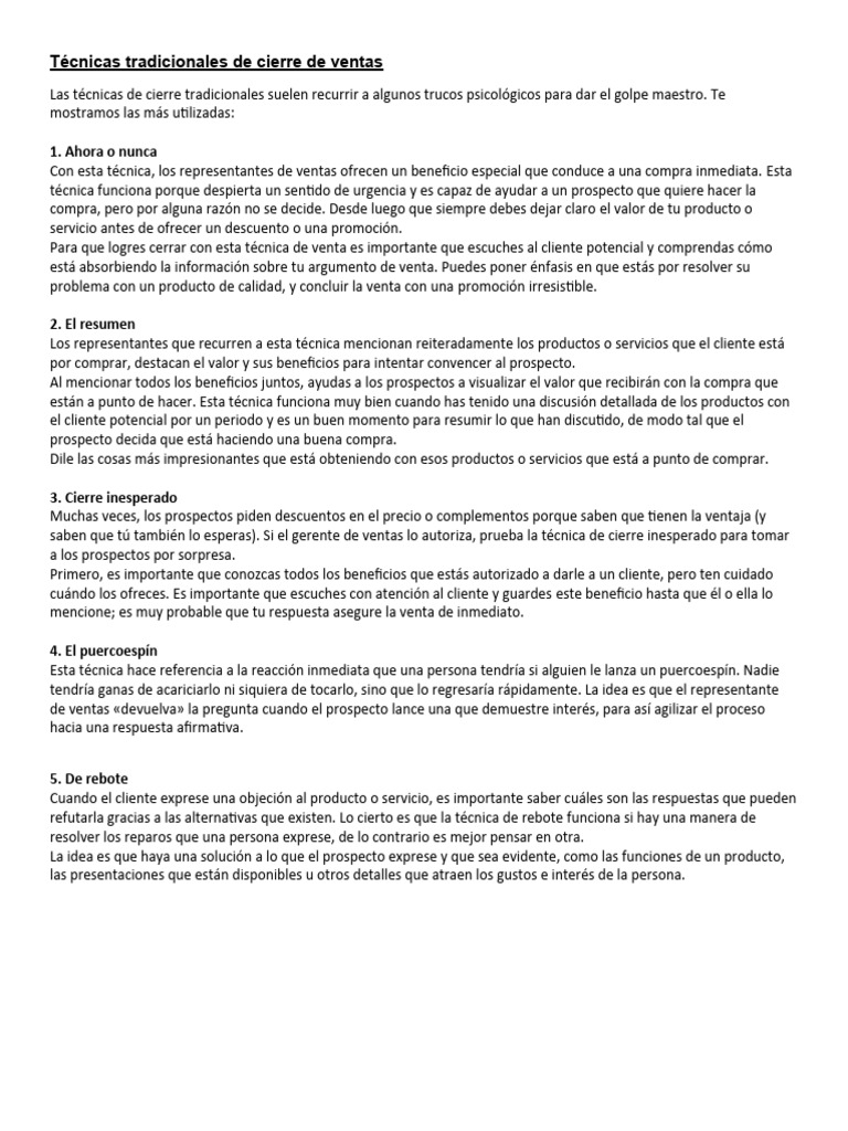 Técnicas Clásicas y Modernas de Cierre de Ventas | PDF | Cliente ...