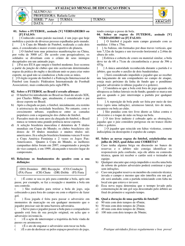 Avaliação de Educação Física: Futebol | PDF | Futebol | Jogos com bola