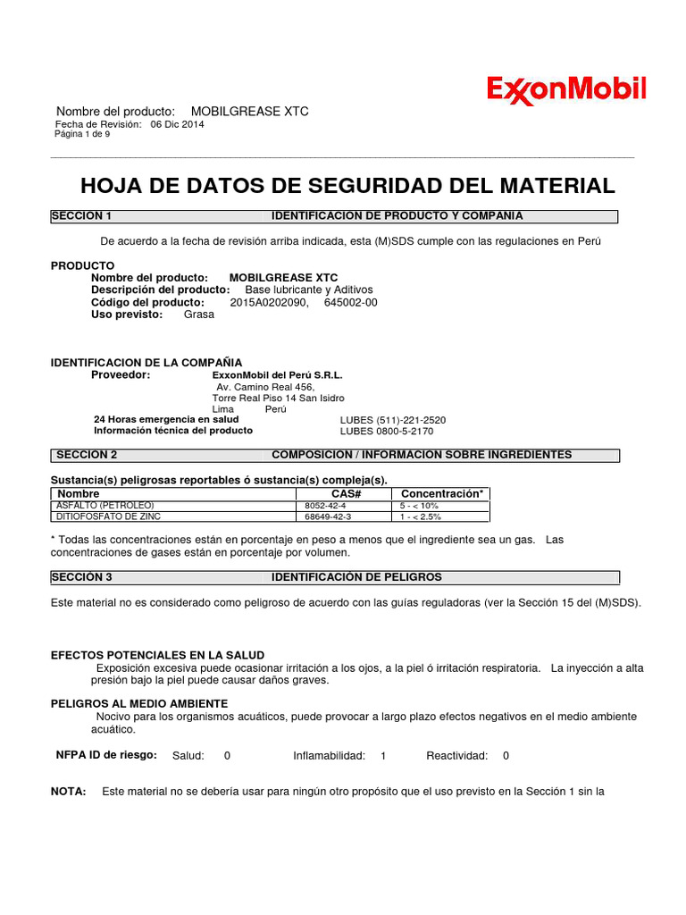 MSDS Mobilgrease XTC PDF Agua Ventilación (Arquitectura)