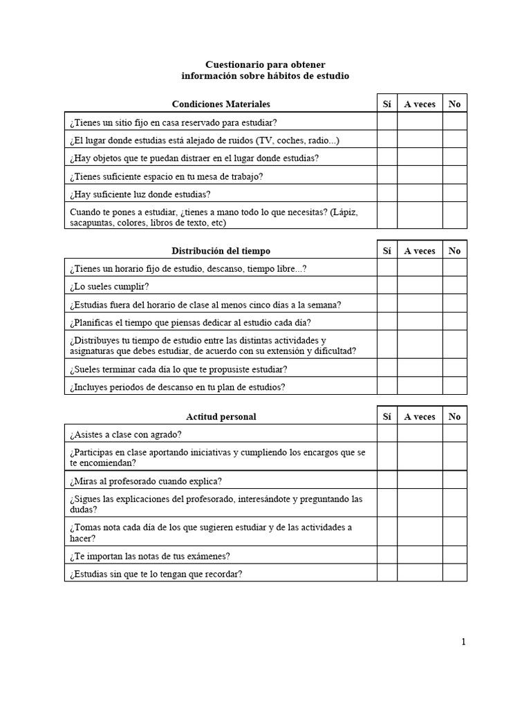 Cuestionario de Hábitos de Estudio | PDF | Crecimiento personal y ...