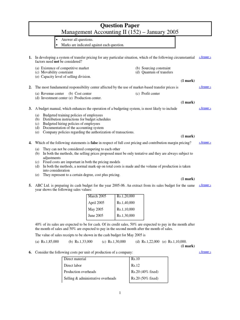Management Accounting II Exam Questions | PDF | Cost Of Goods Sold ...