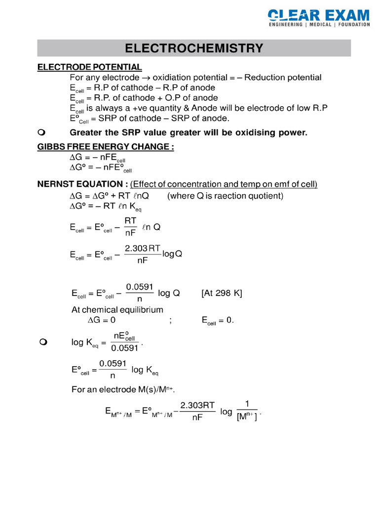 Electrochemistry formula PDF
