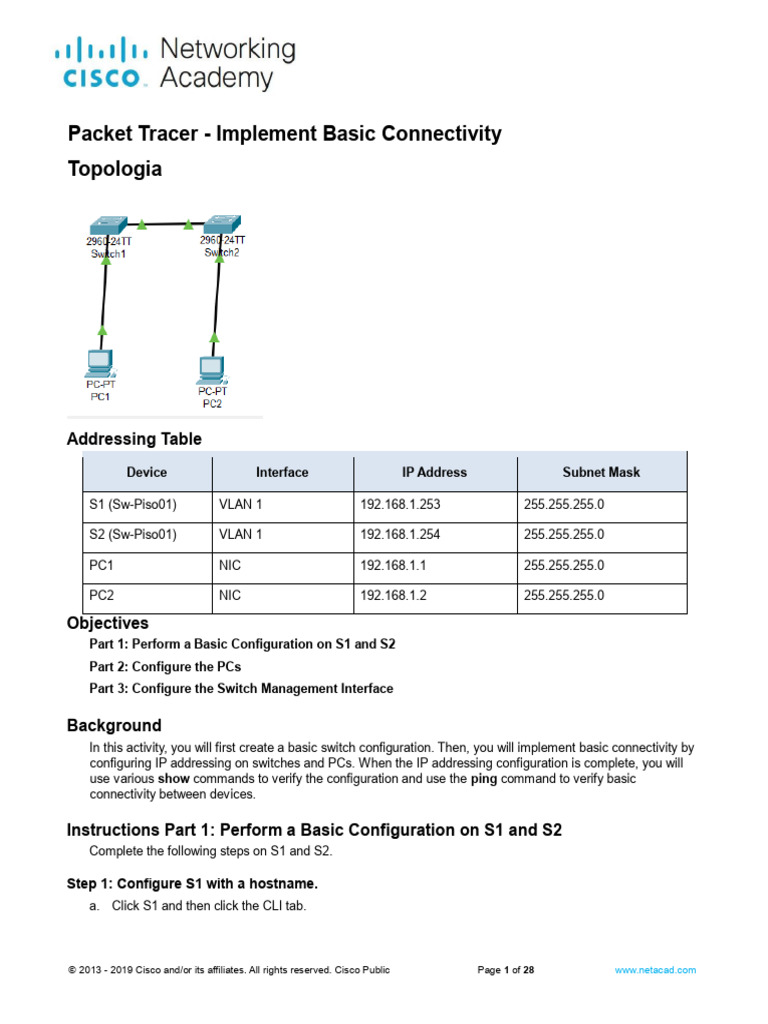 2 7 6 packet tracer implement basic connectivity es xl pdf ip