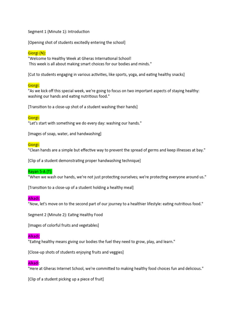 Healthy Week Video - Script | PDF | Hand Washing | Healthy Diet