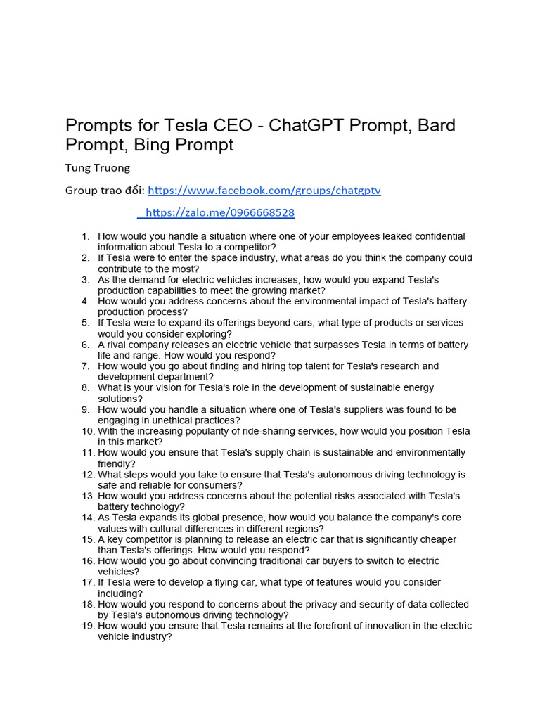 Tesla CEO Prompt Strategies | PDF | Electric Vehicle | Sustainability