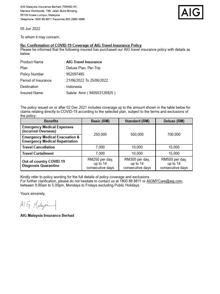  952097485 confirmation letter for aig travel insurance with covid 19
